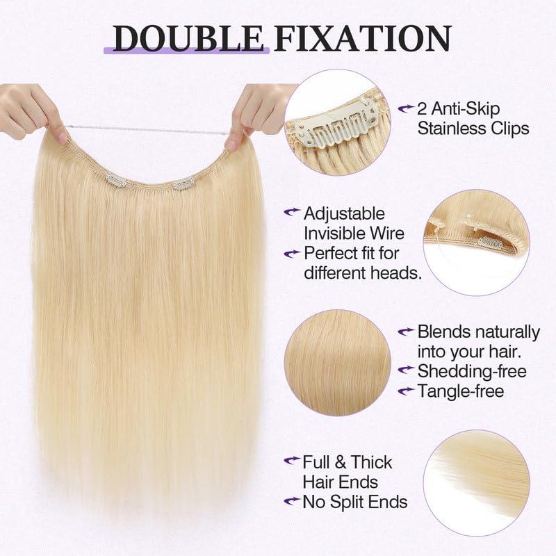 prokyvity Halo Hair Extensions Real Human Hair,Prokyvity Halo Hair Extension 100% Human Hair,Halo Extensions Real Human Hair,Human Hair Halo Extensions,Halo Hair Extension,60 Platinum Blonde 18inch