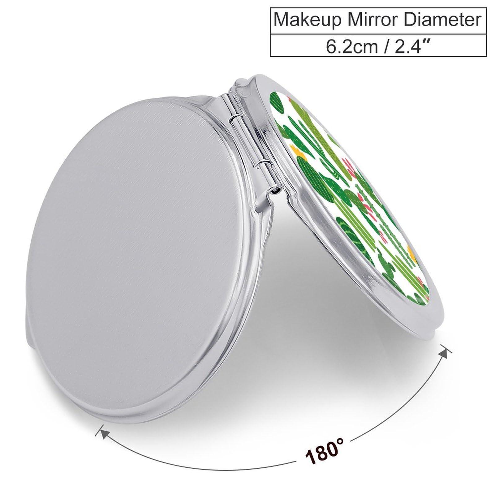 Donnapink Seamless Green Cactus Cacti with Yellow and Pink Flowers on White Folding Make Up Mirror, Portable Travel Makeup Mirror, Compact 2X/1X Magnification Mirror for Mom Women Ladies 2.4 x 2.4 inch