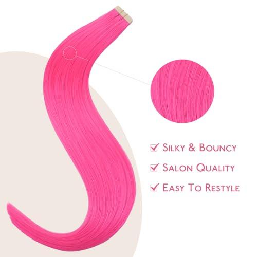Wennalife WENNALIFE Tape in Hair Extensions Human Hair Hot Pink Tape in Extensions, 10pcs 25g 16 inch Remy Invisible Tape Ins Straight Colored Soft Real Human Hair Tape in Extensions Refill Set Extensions