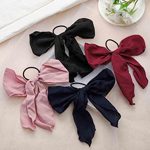 Blufly Blufly Ribbon Hair Scrunchies Printed Satin Silk Hair Scarves Striped Long Headband Plaid Hair Loop Bow Scrunchie Ponytail Holders Vintage Head Tie for Women and Girls (Pack of 4) (Style H)