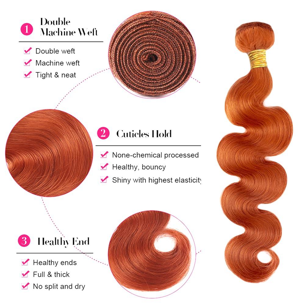 LadrXadr Ginger Bundles Human Hair #350 Body Wave Bundles Ginger Orange Human Hair 3 Bundles 16 18 20 inch Ginger Body Wave Human Hair Bundles
