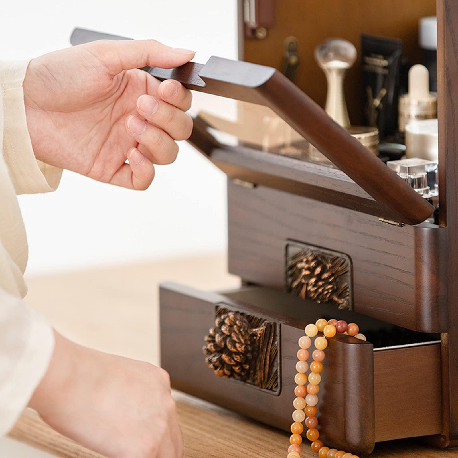 WALDOR Cosmetic Display Cases Wooden Retro Makeup Organizer Cases with Drawers & Mirror Glass Large Capacity Make Up Caddy Shelf for Bathroom Countertop, Bedroom Cosmetic Storage Box