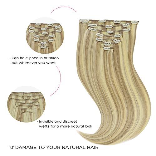 marat Marat Hair Extensions Clip in Human Hair, Light Blonde Highlighted Golden Blonde Clip in Hair Extensions 14 inch 120g Straight Clip in Hair Extensions Human Hair