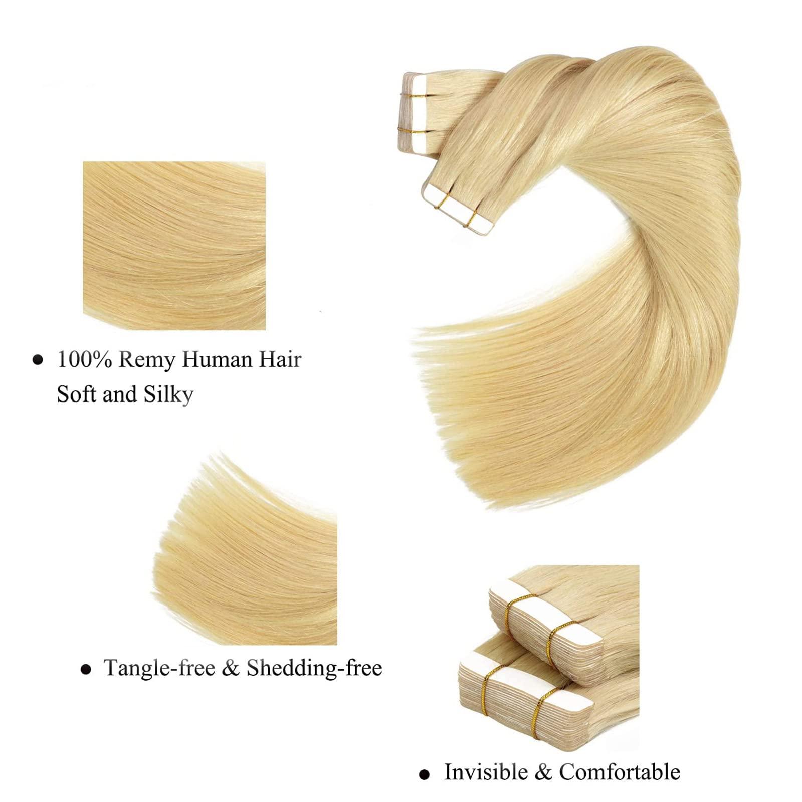 BDBD 40Pcs/100G Tape in Hair Extensions, Seamless Skin Weft Hair Extensions, Long Straight Remy Human Hair for Women,Blonde,24in
