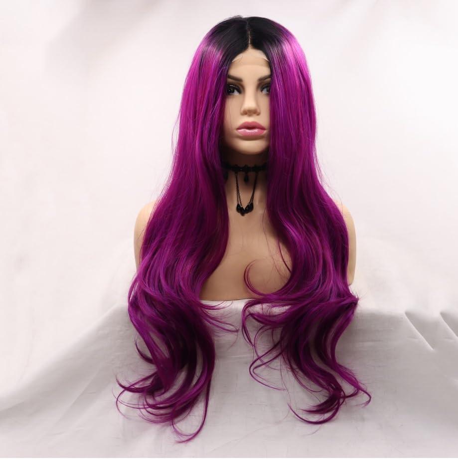 xiweiya xiweiya Long Purple Lace Front Wigs with Dark Roots Middle Part Purple Synthetic U Part Lace Front Wigs Natural Hairline Heat Resistant Hair High Density Wig for Women 26 Inch