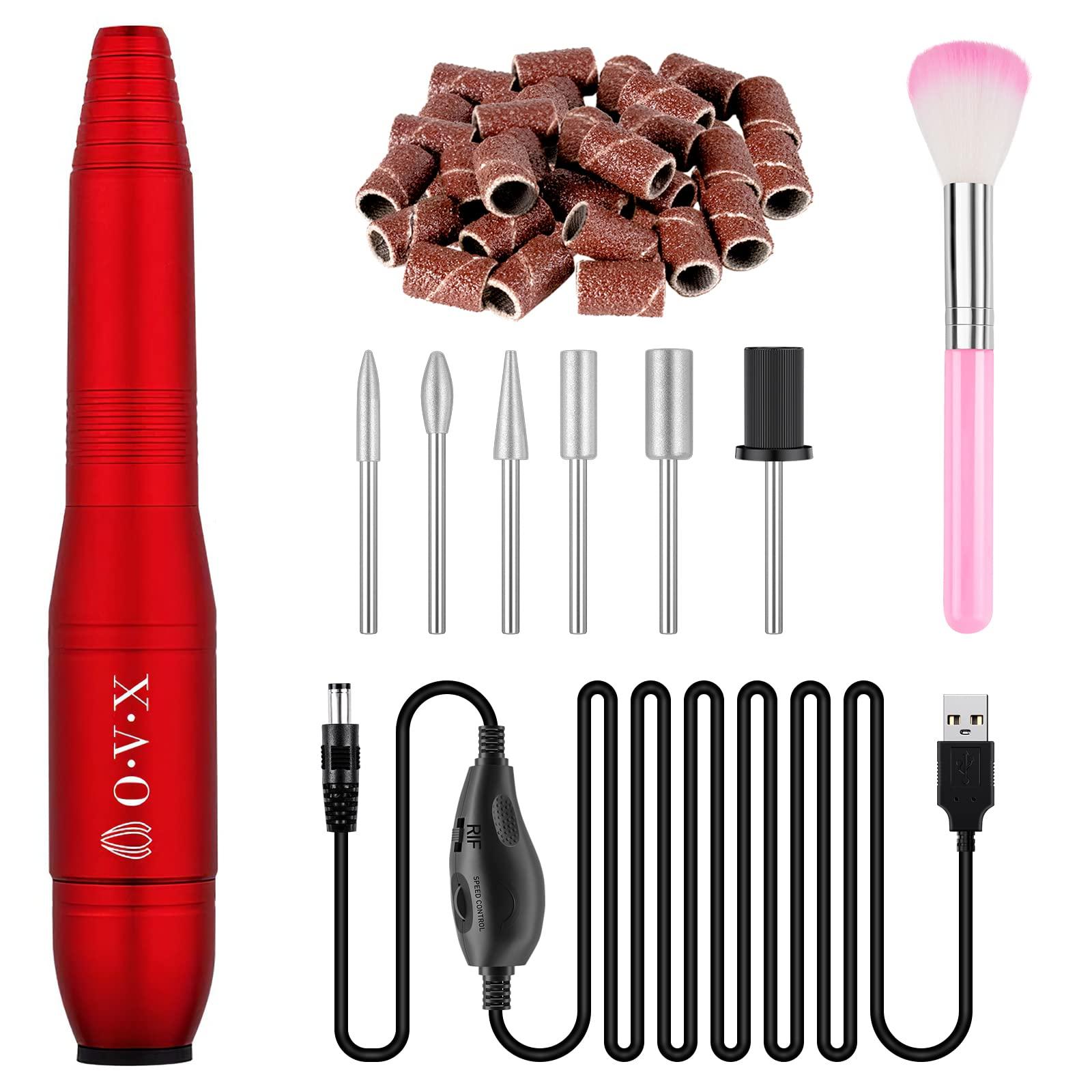 OVX Electric Nail Drill, Professional Portable Nail Drill for Acrylic Nails, Portable Electric Nail File Kit with Nail Drill Bits and Sanding Bands,Manicure Pedicure for Polishing,Nail Removing(Red)