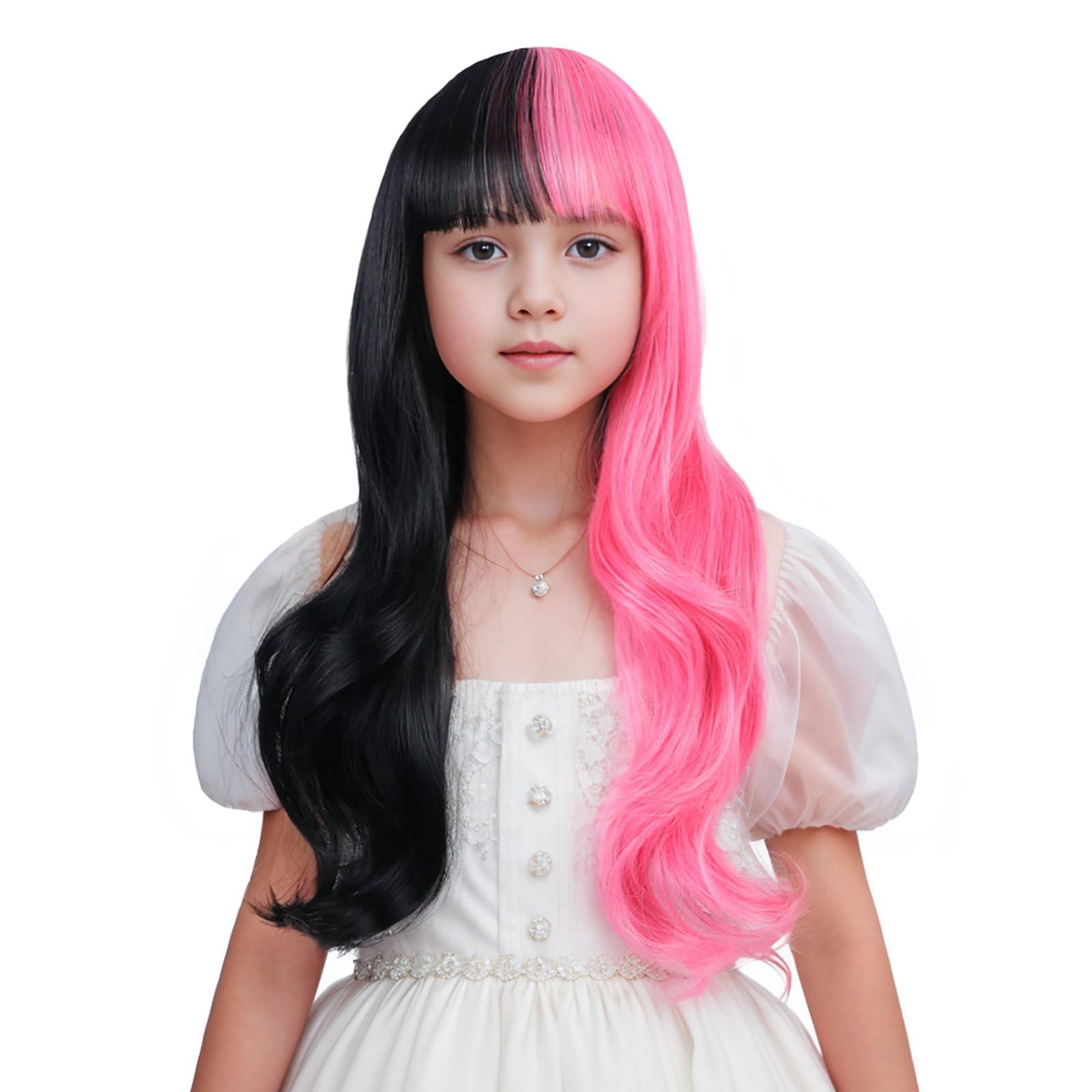 Edivd Edivd Kids Half Pink and Half Black Wig Long Pink Mixed Black Wig with Flat Bangs for Girls Long Wavy Curly Black and Pink Wig for Children Heat Resistant Synthetic Wig with Wig Cap