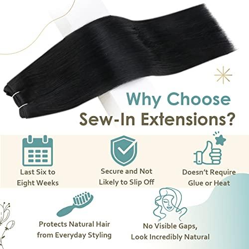 Full Shine Full Shine Black Weft Human Hair Extensions 22 Inch and Sew in Hair Extensions Real Human Hair Jet Black