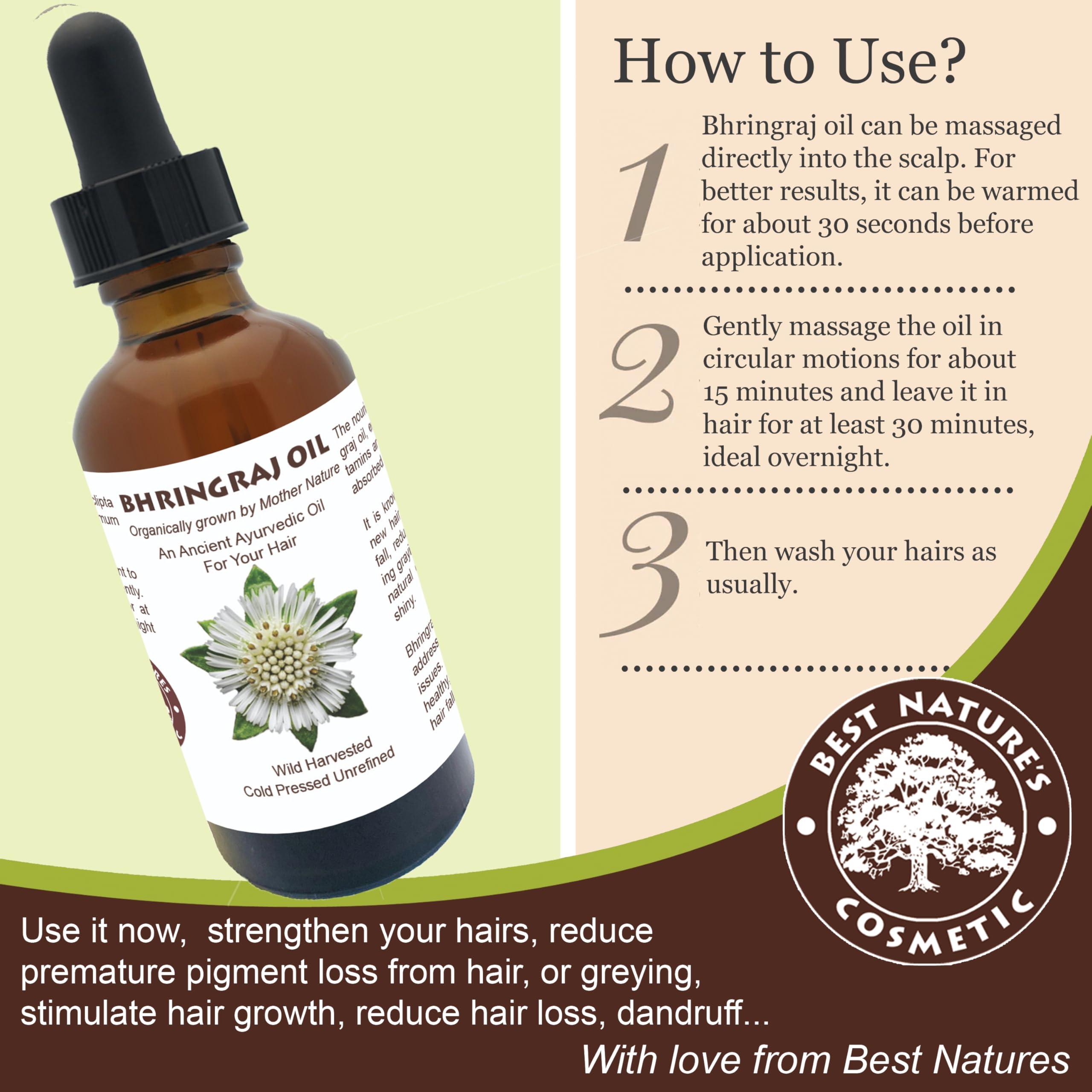 Best Nature's Cosmetics Best Natures Bhringraj Oil, Indian Eclipta Alba Oil, Pure and Natural, Cleans scalp, Improve overall appearance of hair. Goodbye Dandruff, For Graying, Hello Luminously shiny hair / 2 fl oz