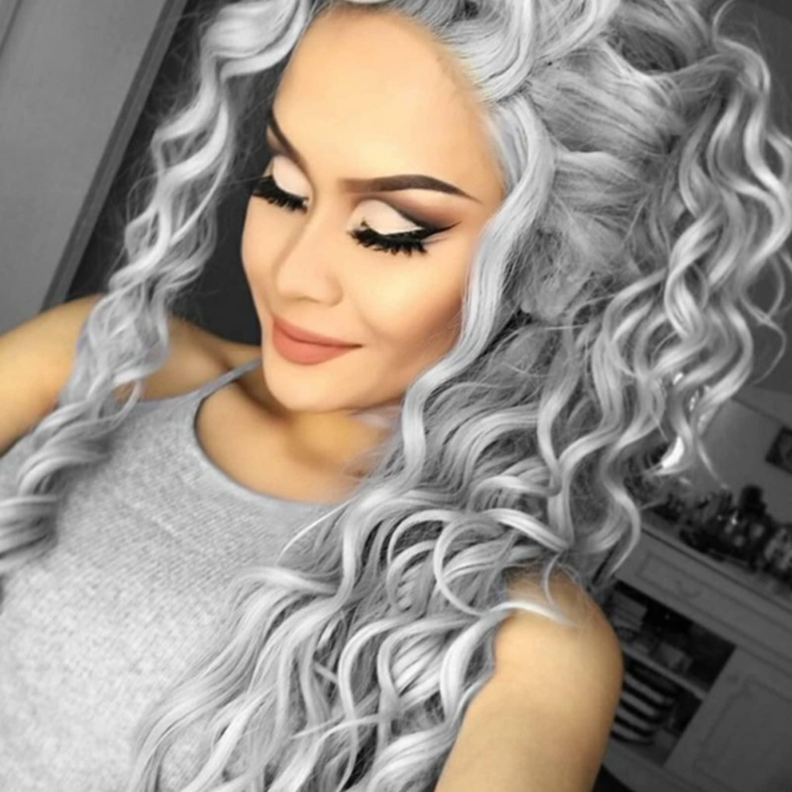 Fencca Fencca Grey Long Curly Wig Synthetic Mixed Gray Wave Curly Wigs for Women Free Part Full Curly Wig Layered Long Wavy Grey Wig