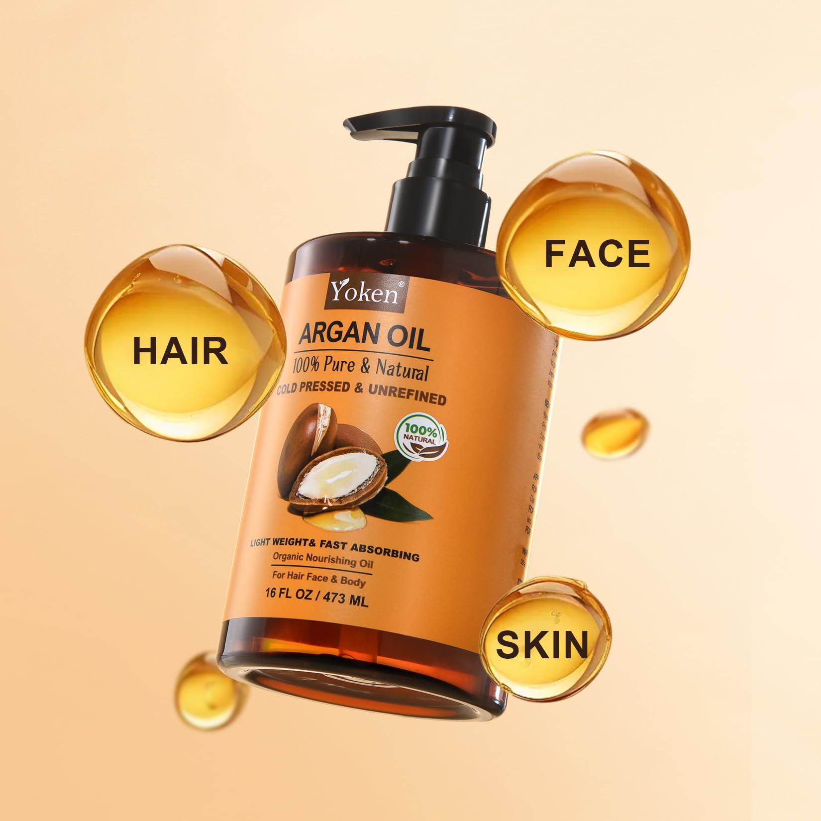 Yoken Yoken Argan Oil for Hair, 16 Fl Oz Pure and Natural Morocco Argan Oil, Argon Oil For Hair, Scalp, Face & Skin Care, 100% Cold Pressed Hair Conditioner, Unrefined Argon Nails Carrier Oil