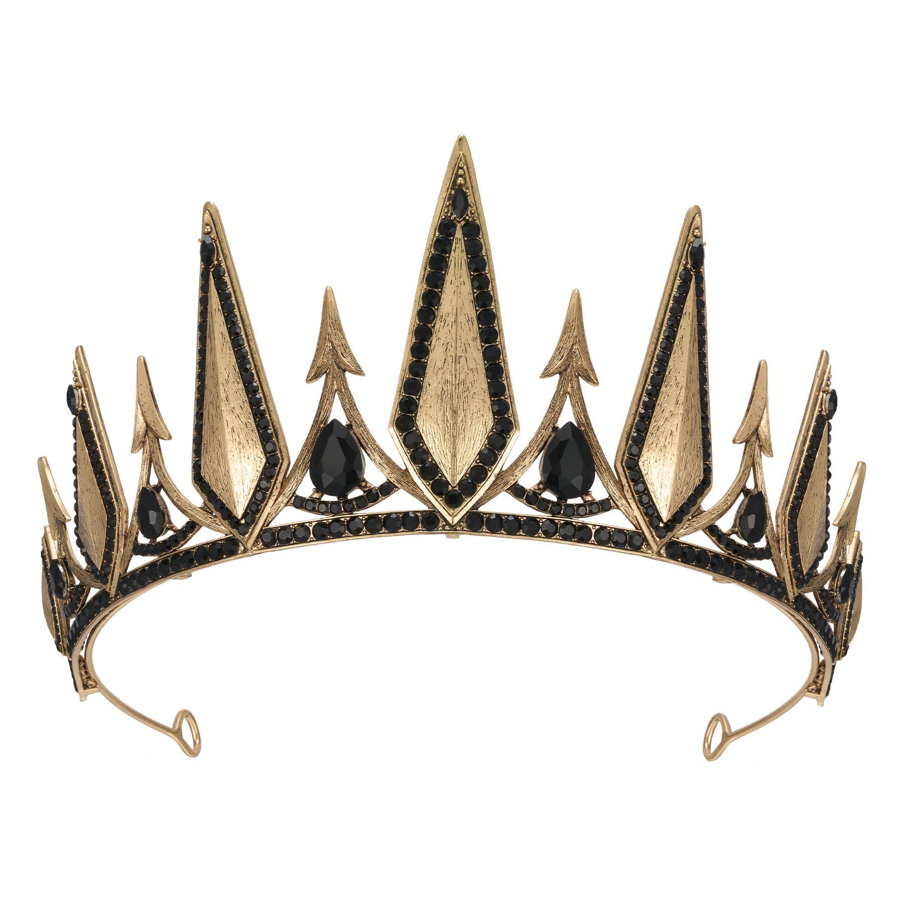 SWEETV SWEETV Gothic Crowns for Women Black Tiara Queen Crown Witch Hair Accessories for Costume Halloween Prom Party Gold