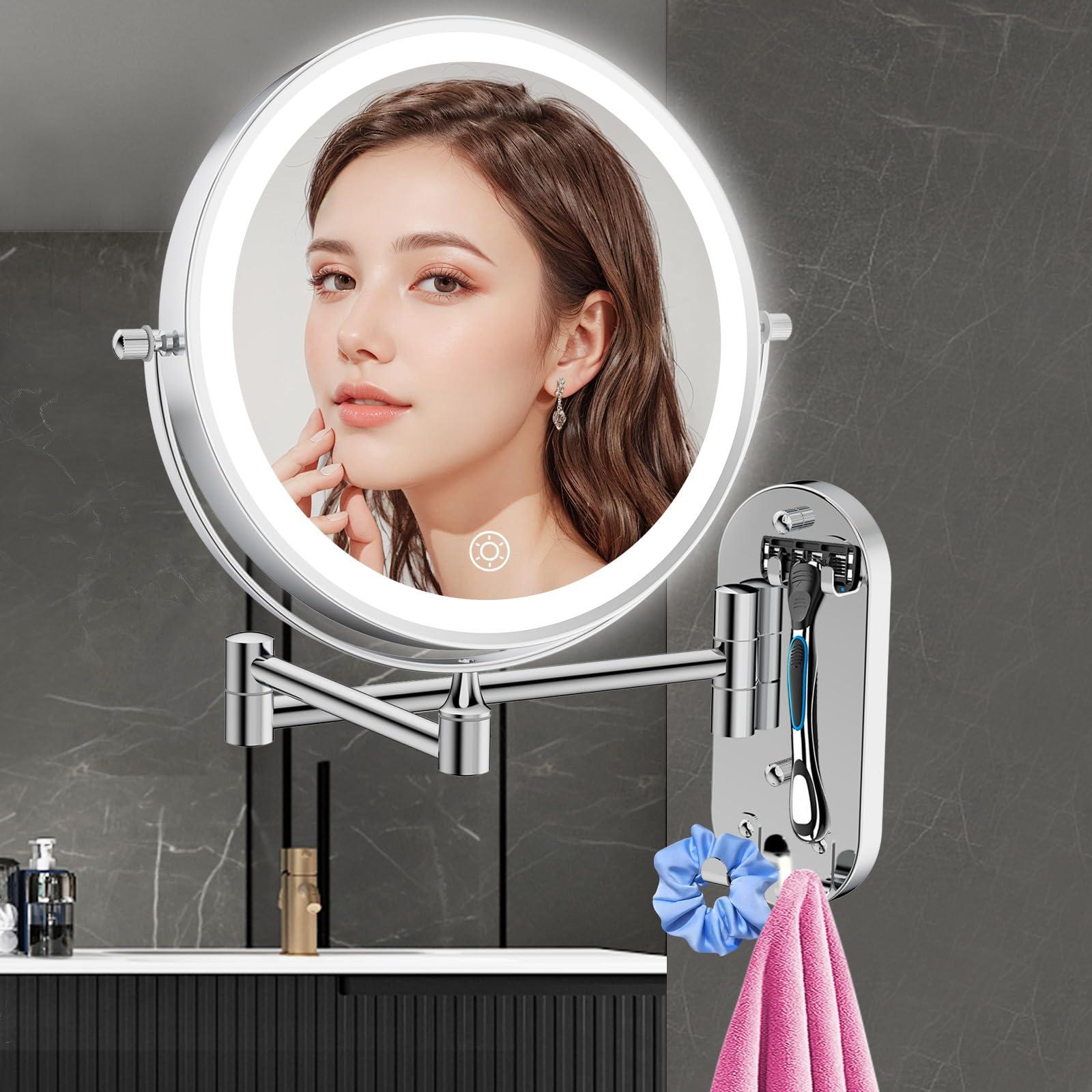 FUNTOUCH FUNTOUCH Wall Mounted Lighted Makeup Mirror, Rechargeable 8\" Double-Sided LED Make up Mirror 1X/10X Magnification, 3 Color Lights Dimmable 360 Rotation Wall Mount Mirror with Extension Arm and Hooks