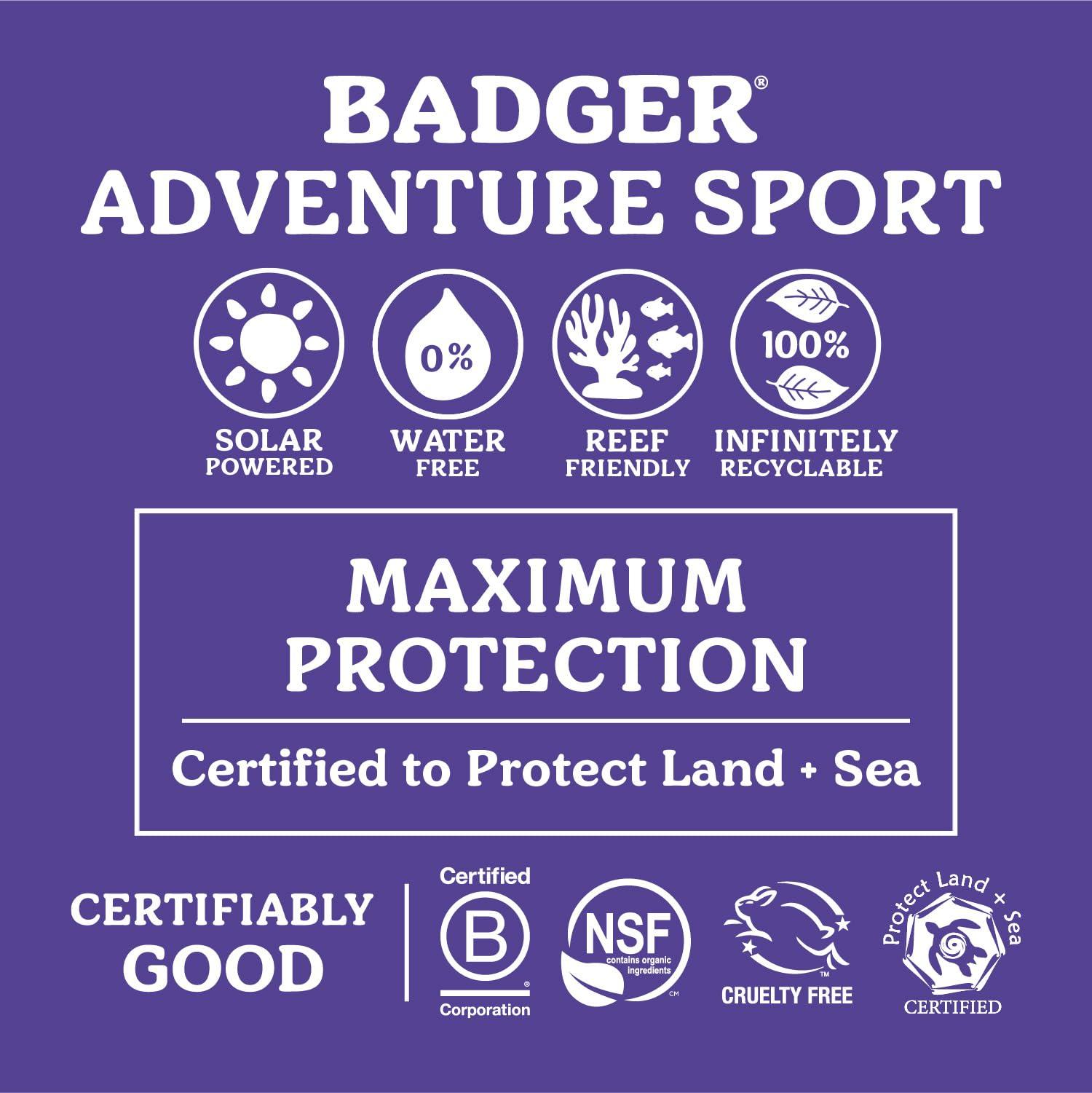 Badger Badger Mineral Sunscreen SPF 50 Zinc Oxide Sunscreen with 98% Organic Ingredients, Reef-Safe, Broad-Spectrum, Hypoallergenic, Water Resistant, Unscented Adventure Sport Sunscreen 2.9 fl oz (2 Pack)