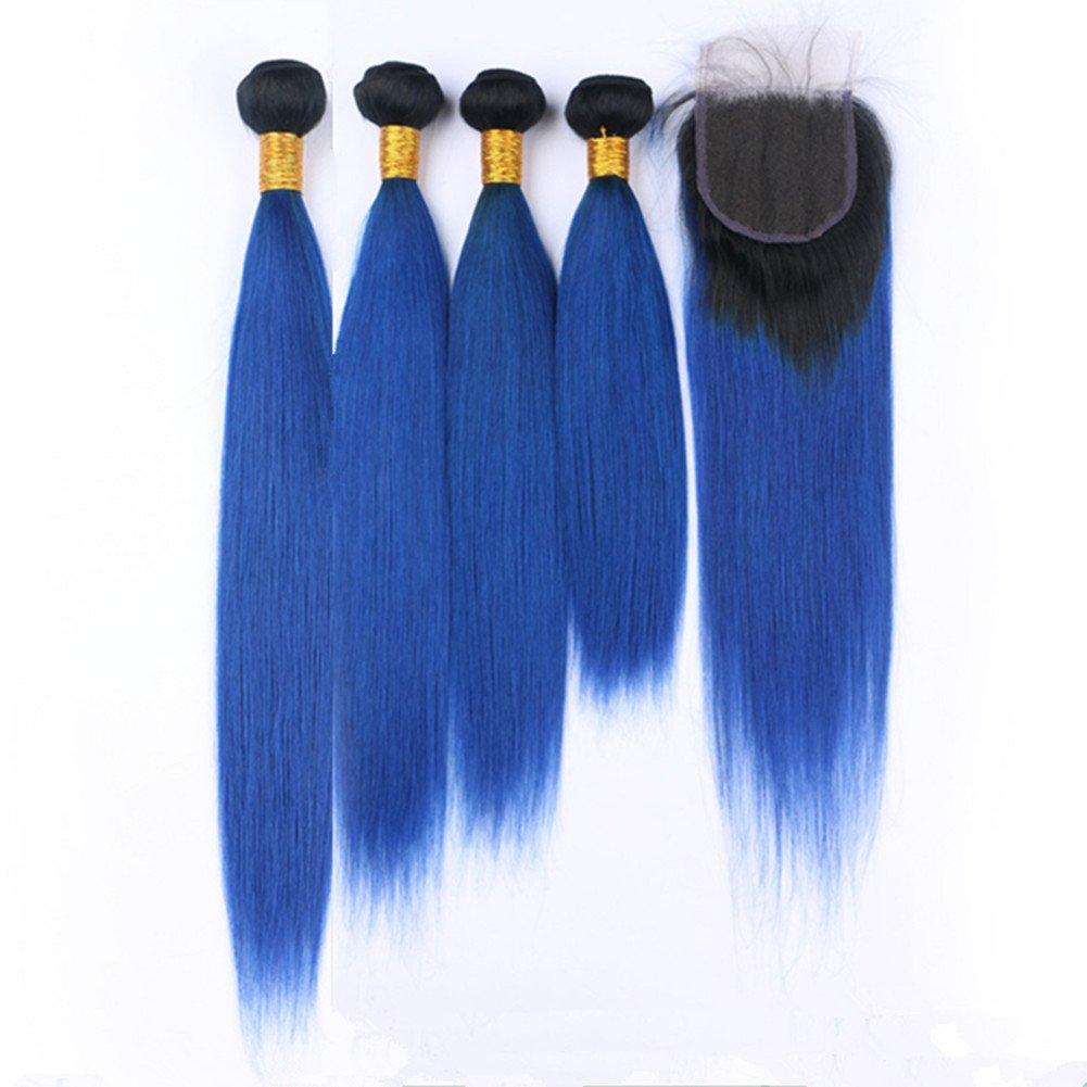 Tony beauty hair Tony Beauty Hair Dark Blue Ombre Virgin Indian Human Hair Bundles Deals 4Pcs with Lace Closure Piece 4x4 Silky Straight #1B/Blue Ombre Virgin Hair Weft Extensions 5Pcs Lot (24 26 28 30+22)