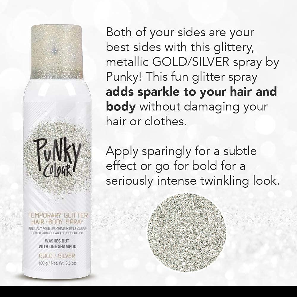 Jerome Russell Punky Temporary Hair and Body Glitter Spray, Gold/Silver -Lightweight Shimmery Hairspray for Hair, Skin, and Clothes, Sparkly Glow for Parties & Events, 3.5 oz