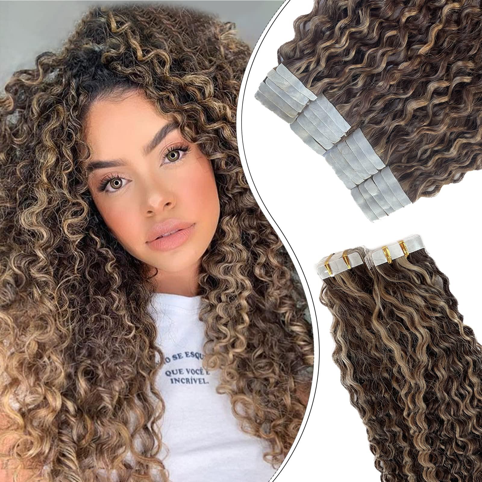 Valiilo Jerry Curly Tape ins Human Hair Extensions, Blonde Tape in Human Hair Extensions Invisible Glue in Remy Hair Brown to Caramel Blonde Highlights Curly Tape on Real Hair 20 Pieces 50 Gram 22 Inch