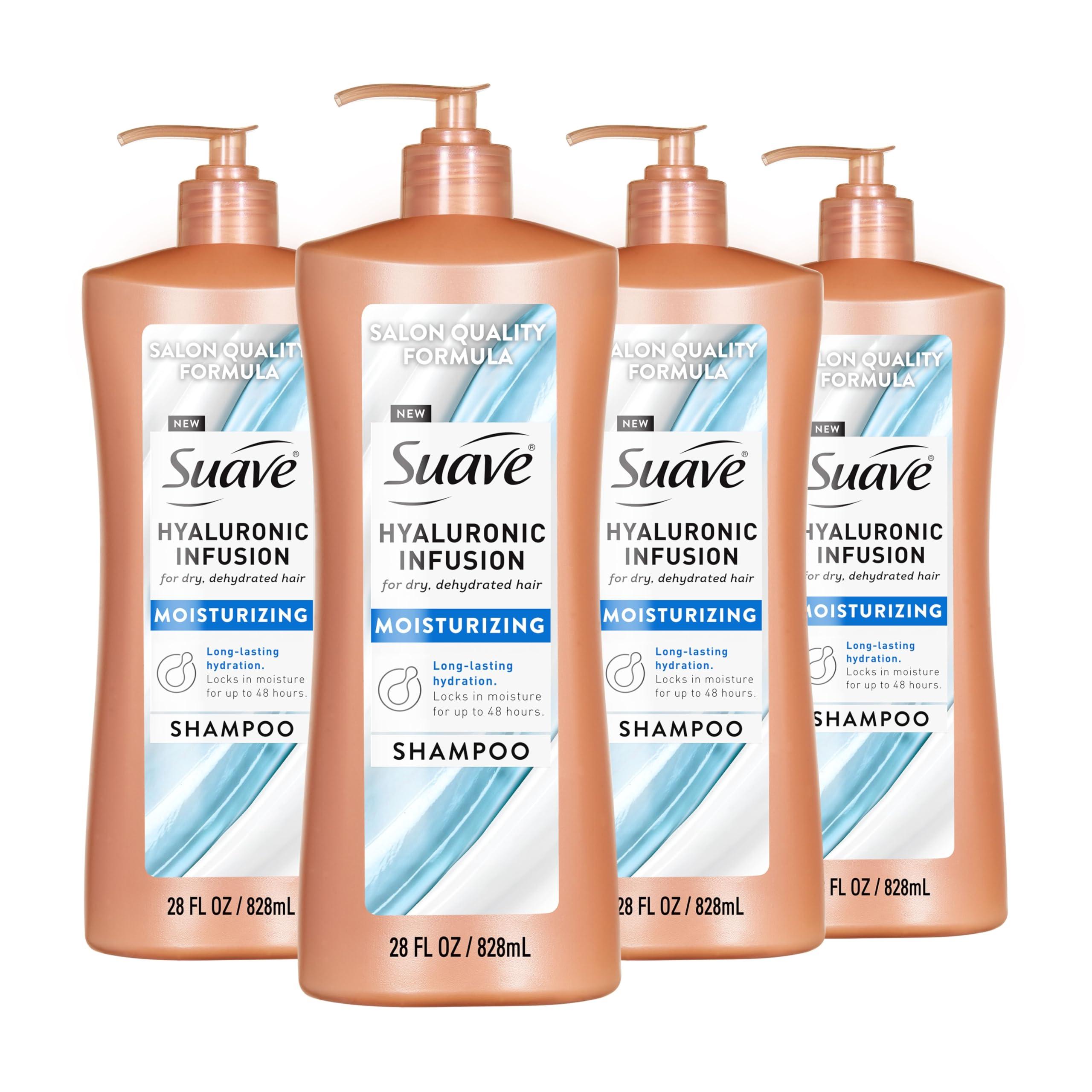 Suave Suave Hyaluronic Infusion Moisturizing Shampoo, Long Lasting Hydration for Dry, Dehydrated Hair with Hyaluronic Acid, 28 oz Pump, 4 Pack
