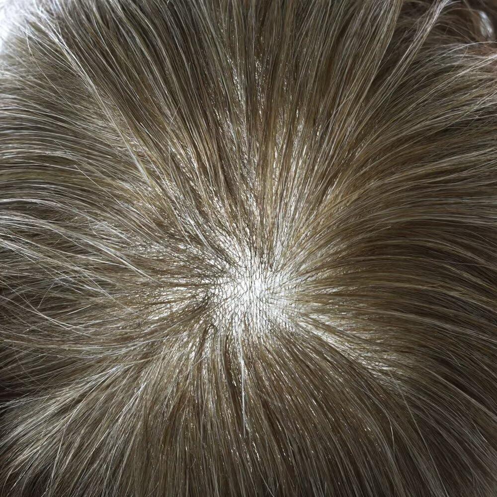 SINGA HAIR Toupee for Men Ultra Thin Skin Mens Hair System Soft Human Hair piece 0.04mm Invisible Mens Toupee All V-loop Skin PU Men Hair Unit Mens Hair Replacement6X8\"-100%density#540 Medium Light Brown+40%Gray