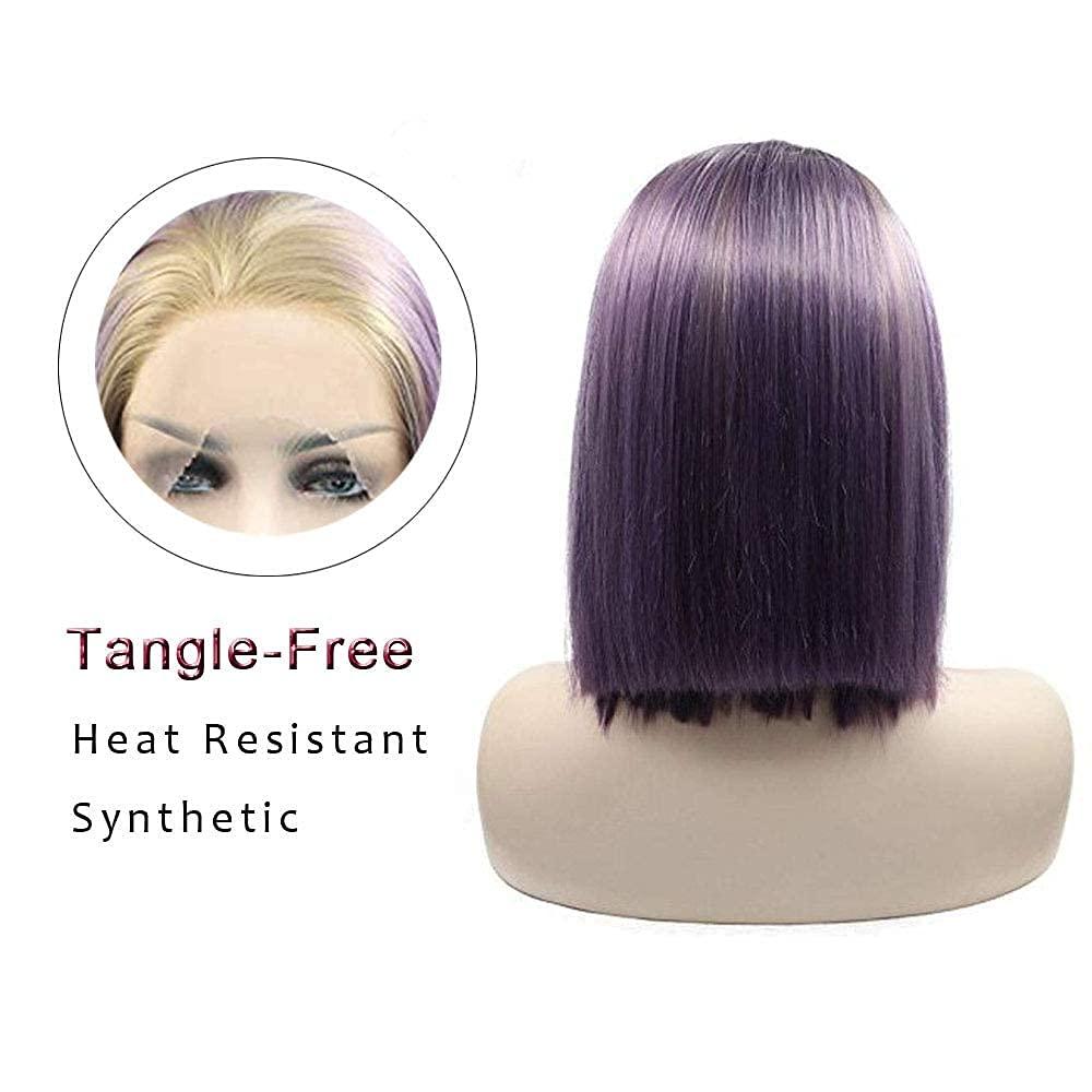 karissa Hair Purple Blonde Short Bob Wigs for Women Ombre Lilac lace front Wig Straight Glueless Blonde Ash Lavender Synthetic Hair Short Wigs Pre Plucked Natural Hairline Cosplay Drag Queen Daily Party Wig 14\"