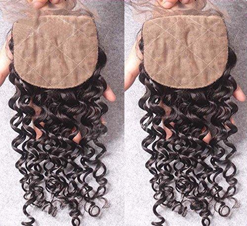 RemeeHi Remeehi Deep Curly Silk Base Top Closure Bleached Knots Free/Middle/3 Part 4"X4" Brazilian Virgin Human Hair Closure Natural Color (Middle Part 10 inch)