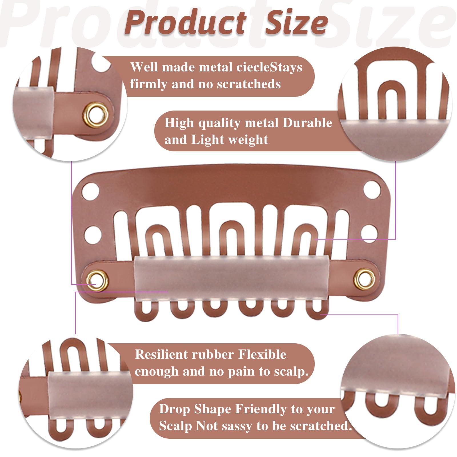 Mozeat Lens 50Pcs Snap Clips for Hair Extensions Wig Clips to Secure Wig No Sew 6 Teeth U Shape Metal Silicon Brown Wigs Hair Extension Clips for Women Hairpiece, Wig Clips Extension Clips to Secure Wig