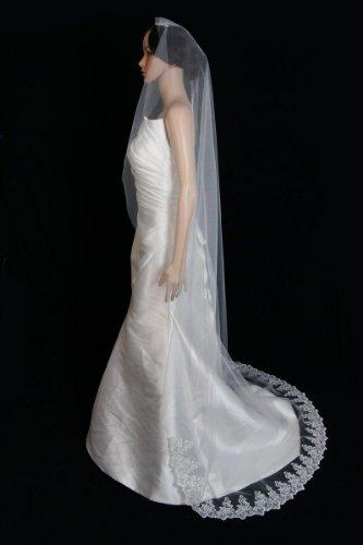 Velvet Bridal Bridal Wedding Mantilla Veil White 1 Tier Long Cathedral Length With Lace Edge