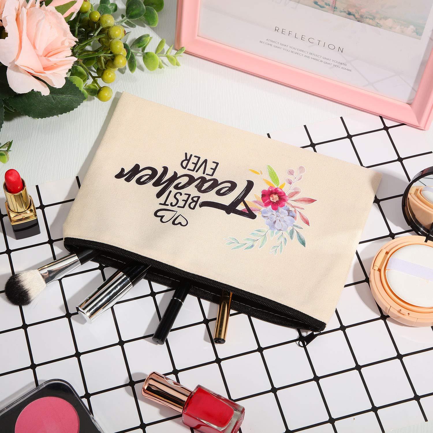 Frienda 12 Pieces Teacher Makeup Pouch Canvas Cosmestic Bag with Zipper Cosmetic Purse Travel Toiletry Case for Teacher Appreciation Gift (ColorfulFlower Pattern)