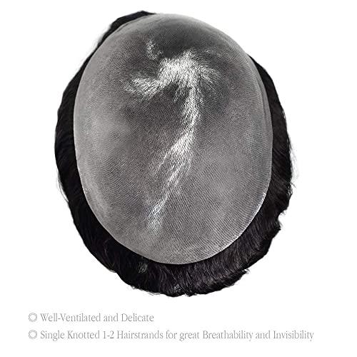 Curve Hair Thin Skin Men's Toupee Real Human Hair Pieces for Men 0.1-0.12mm Medium PU Durable Mens Hair System Full Poly Hair Replacement for Men PAPY (8"x10", 2 Darkest Brown-90% Light Density)