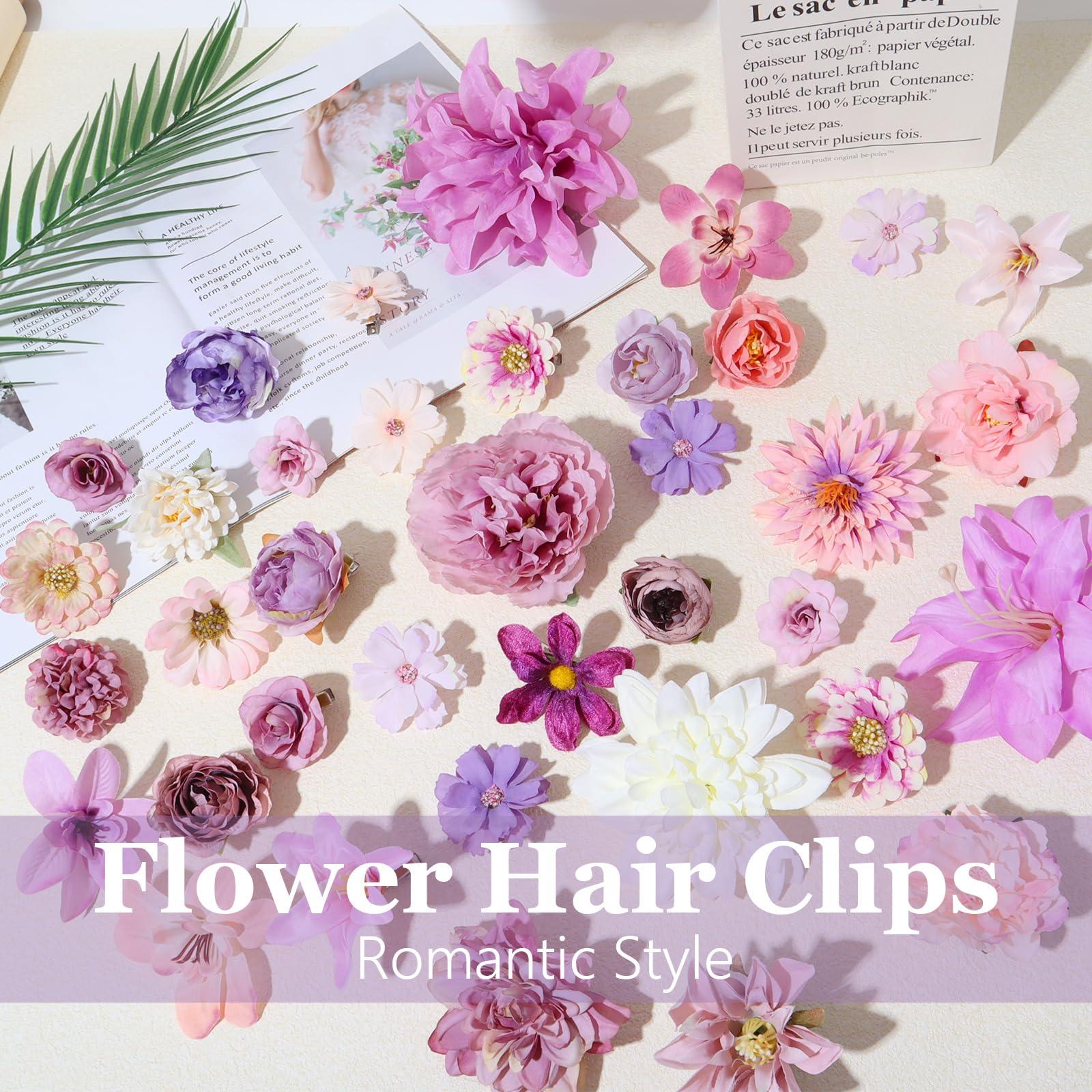Giesiery 36 Pcs Flower Hair Clips Artificial Hair Flowers Clips Purple Flowers Mix Silk Flowers Dahlia Roses with Clip for DIY Wedding Bridal Hairstyles, Baby Shower, Costume Decor
