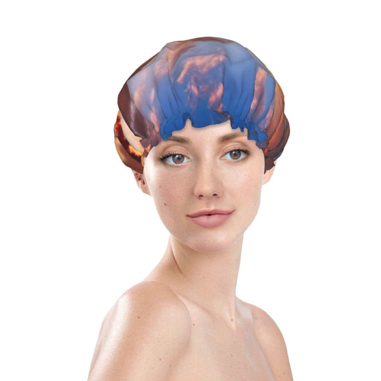 OUSIKA Reusable Shower Cap for Women Waterproof Bath Caps Double Layer Bath Hair Caps Beautiful Tropical Sunrise on The Beach Shower Hat for Ladies Spa Salon, Large Size for All Hair Lengths