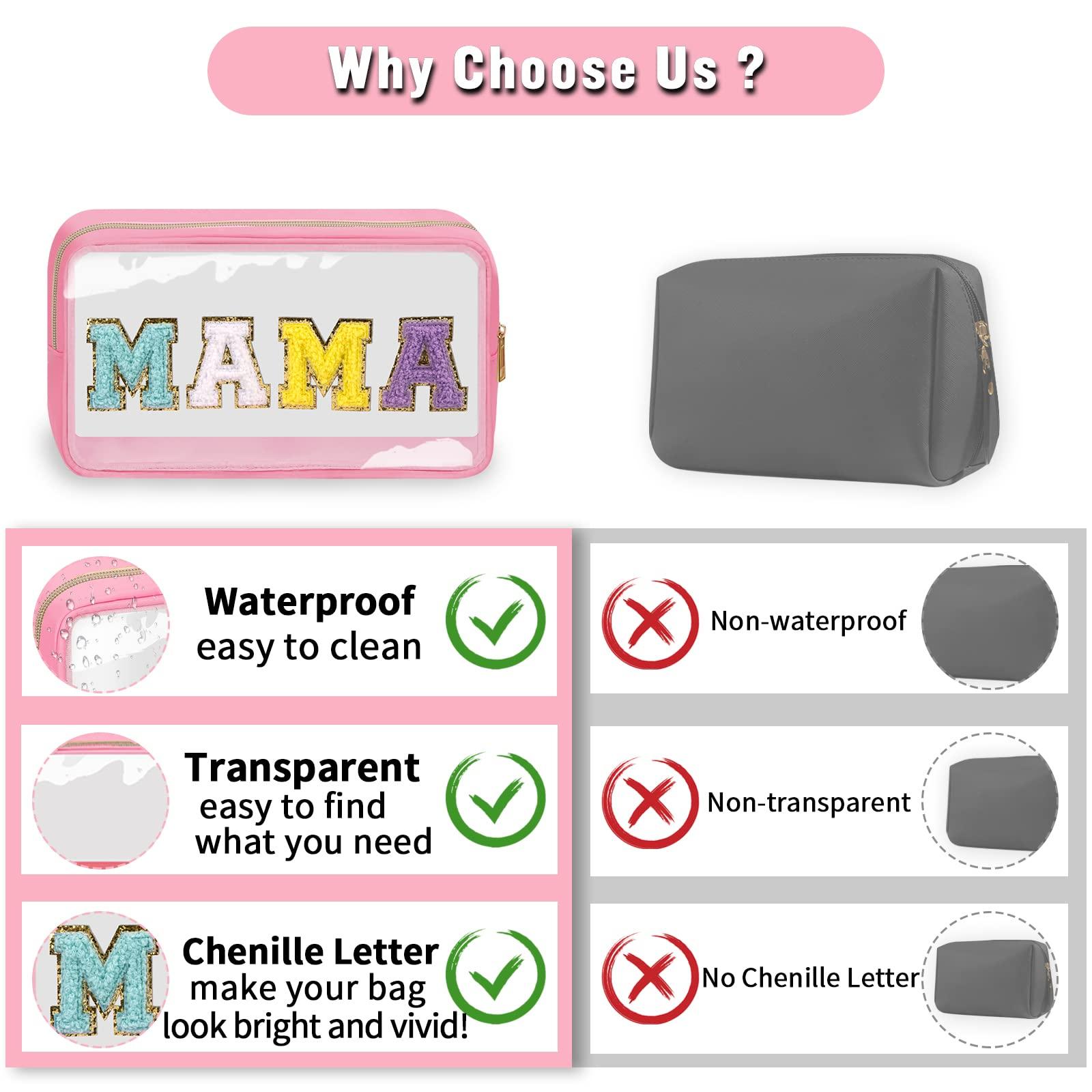 izuzta Chenille Letter Clear Makeup Bags Mama Pouch, Preppy Patch Makeup Bag with Zipper, Transparent PVC & Nylon Waterproof Portable Glitter Cosmetic Bag Travel Toiletry Storage for Women Girl(MAMA-Pink)
