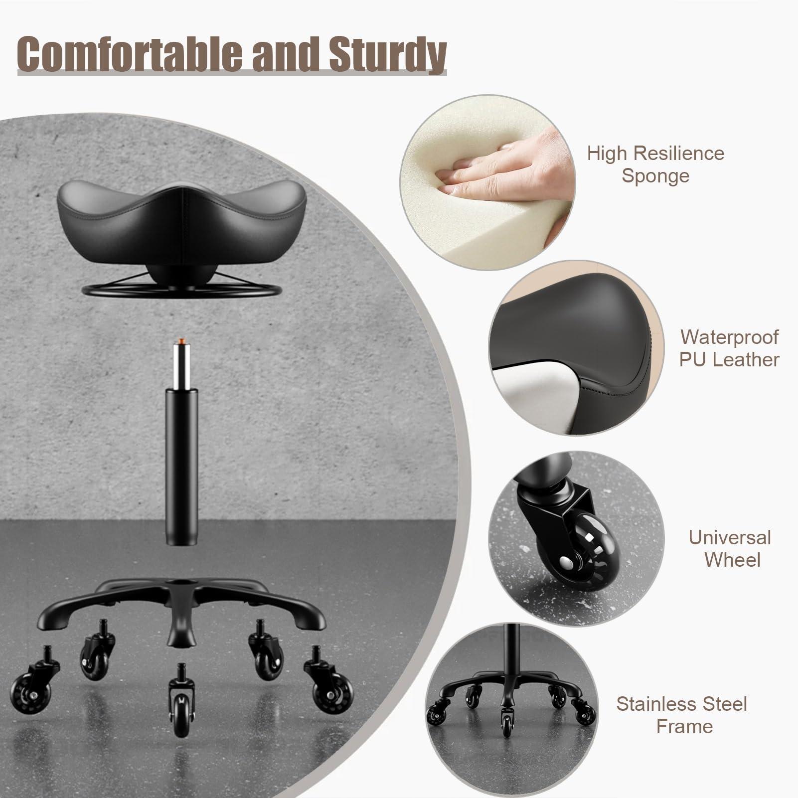 Kunovo Kunovo Hair Stylist Saddle Stool, Liftable Swivel Black Salon Cutting Stool with Wheels, Heavy Duty Rolling Saddle Chair for Hairdressers/Clinic, 58741