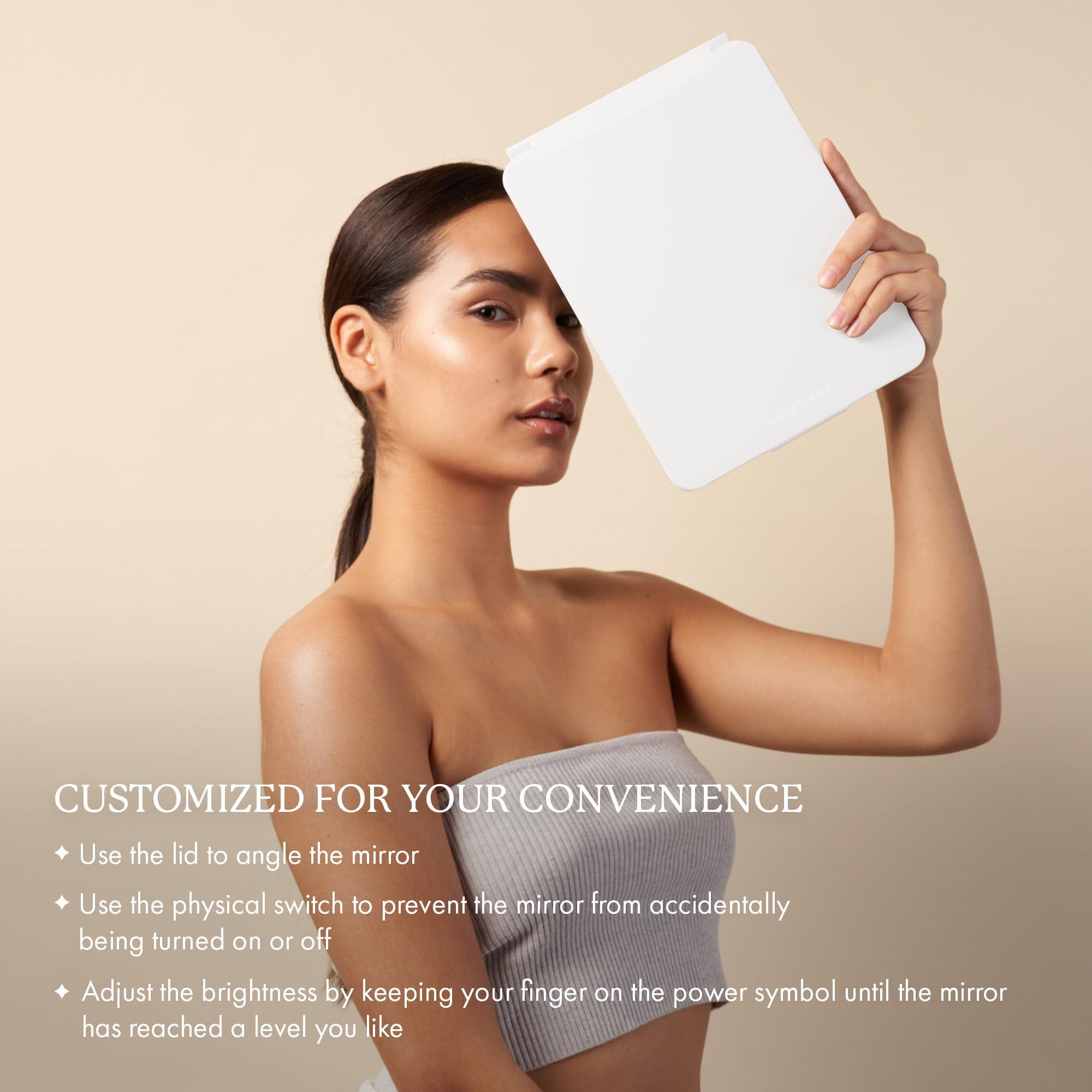 Vanity Planet Vanity Planet Handheld Makeup Mirror with Lights, Pose 2.0 (White) - Light Up Travel LED Mirror with 3X, 5X & 10X Magnification - Dimmable Lighting & Micro-USB Rechargeable Lighted Compact Mirror