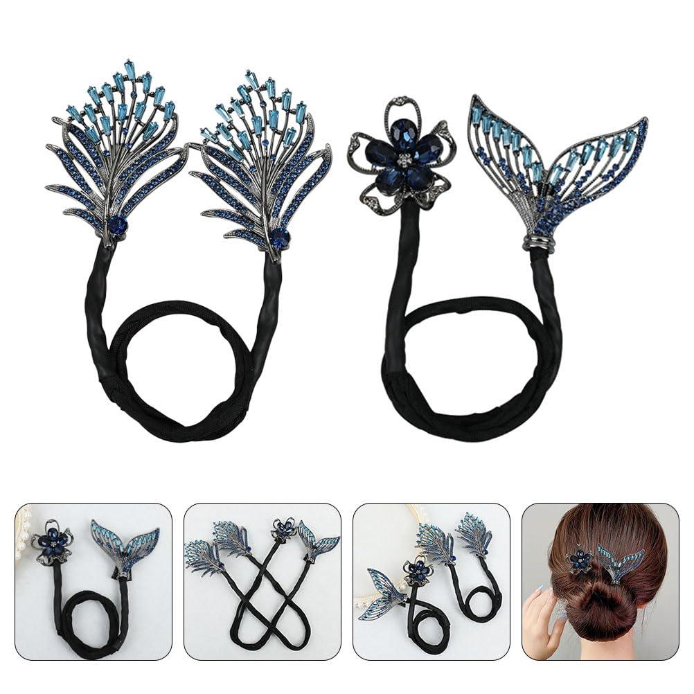 LOGOFUN LOGOFUN 2pcs Mermaid Tail Hair Bun Maker for Women Lazy Hair Curler Bun Clips Metal Flowers Feather Hair Bun for Girls Hair Accessories - Blue