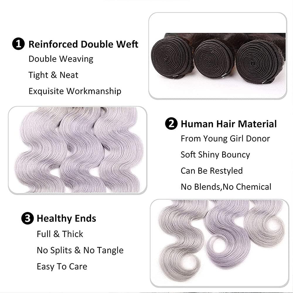 Freiuoke Silver Bundles Ombre Body Wave Human Hair Bundles Brazilian Grey Body Wave Bundles Virgin Hair 3 Bundles 18 20 22 Inch Two Tone Grey Hair Extensions 1B/Grey Bundles