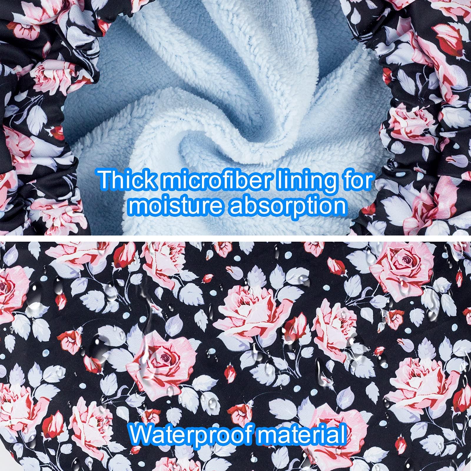 POZILAN Luxury Shower Cap for Women, Waterproof Reusable Shower Caps Double Layers Microfiber Terry Lined with Dry Hair Function, Extra Large for Long Hair, Adjustable for Most Heads Size