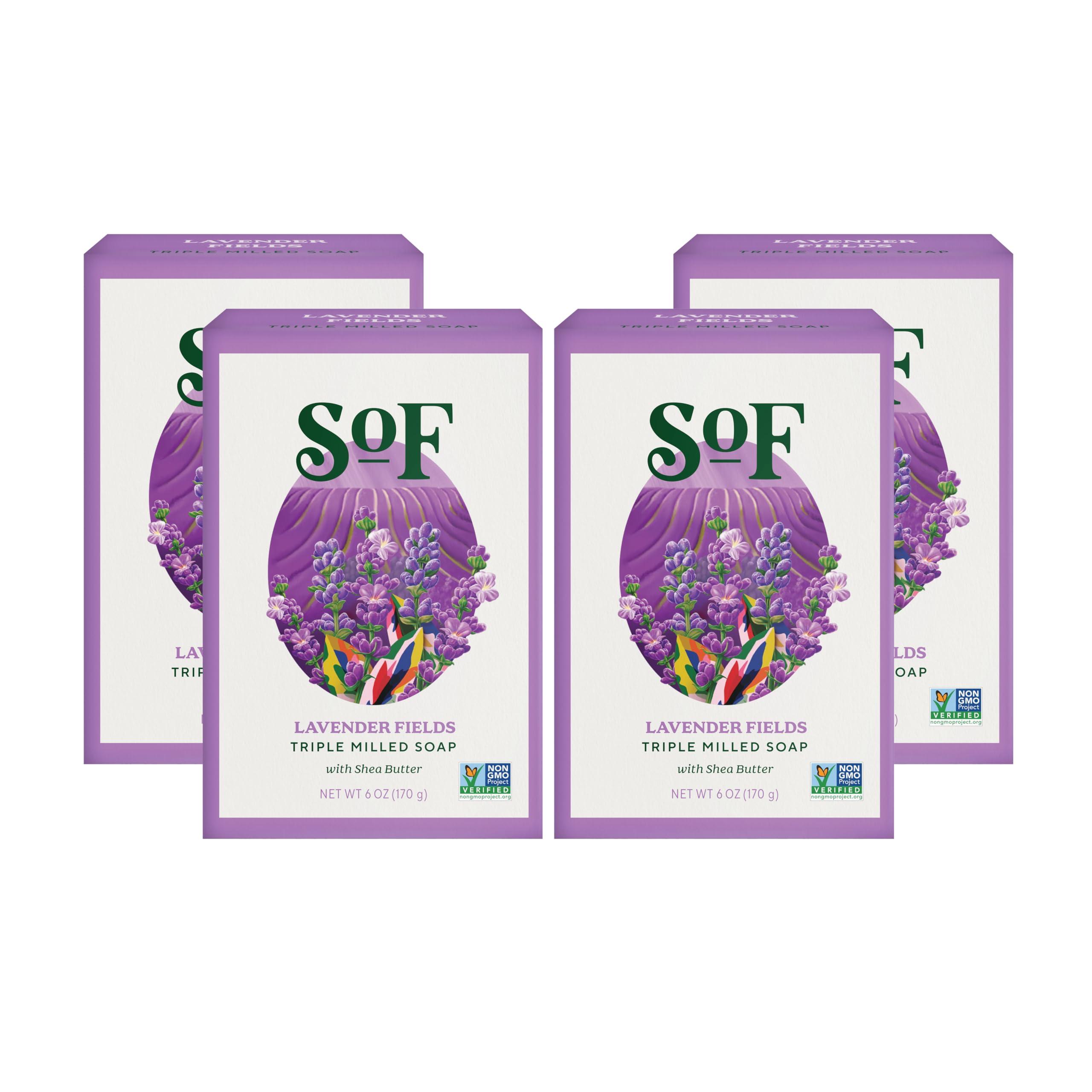 South of France Natural Body Care SoF Triple Milled Bar Soap - With Coconut Oil & Organic Shea Butter- Vegan & Non GMO- Free From Phthalates, Sulfates & Parabens- Lavender Fields - 6 oz Bar 4 Bars