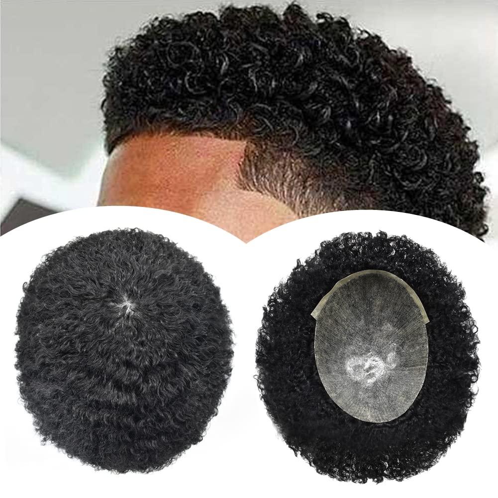 JUST HAIR Afro Toupee for Black Men Hair System African American Mens Toupee Afro Hair Replacement for Men Brazilian Curl Hair Units for Black Man Wave Hair Piece (8mm Afro Wavy, Jet Black #1)