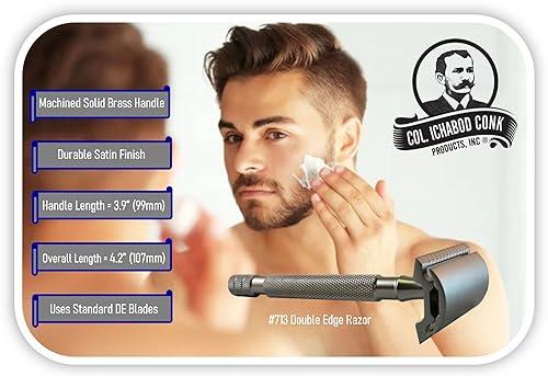 Col. Conk Products, Inc. Col. Conk Products, Inc. Model 713 "Liuetenant" 3-Piece Safety Razor with Long Handle. 69g Total Weight Gives A Close and Efficient Shave. Accepts All DE Blades