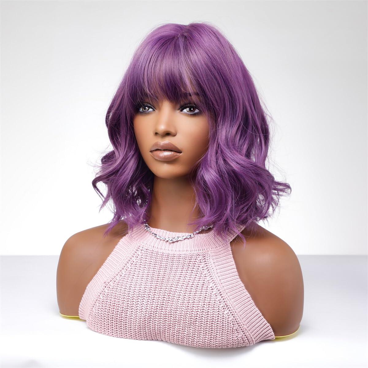 MocNeavian MocNeavian Purple Ombre Wig Wig With Bangs Bob Short Wavy Wigs for Women Natural Looking Wigs Synthetic Fiber Heat Resistant Wig Women\'s Wigs for Cosplay Daily Use Natural Hair Wig for Daily Party