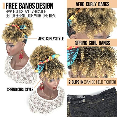 UAmy hair Afro Puff Bun with 2 Replaceable Bangs for Natural Hair Afro High Puff Drawstring Ponytail with Afro Puff Bangs and Spring Curl Bangs Clip in Short Afro Kinky Curly Pineapple Hairstyle for Black Women