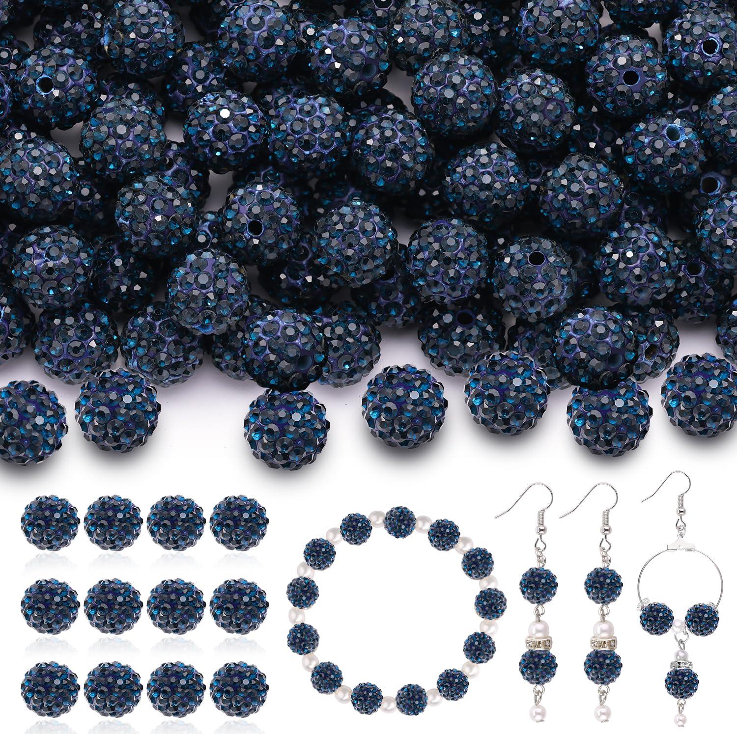 TINKRSTUFF 150 Pcs Blue Black Rhinestone Beads for Jewelry Making, Sparkle Crystal Clay Christmas for Bracelet Baseball Necklace Earring Crafting and DIY, Shiny Round Shamballa Disco Ball Beads Bulk