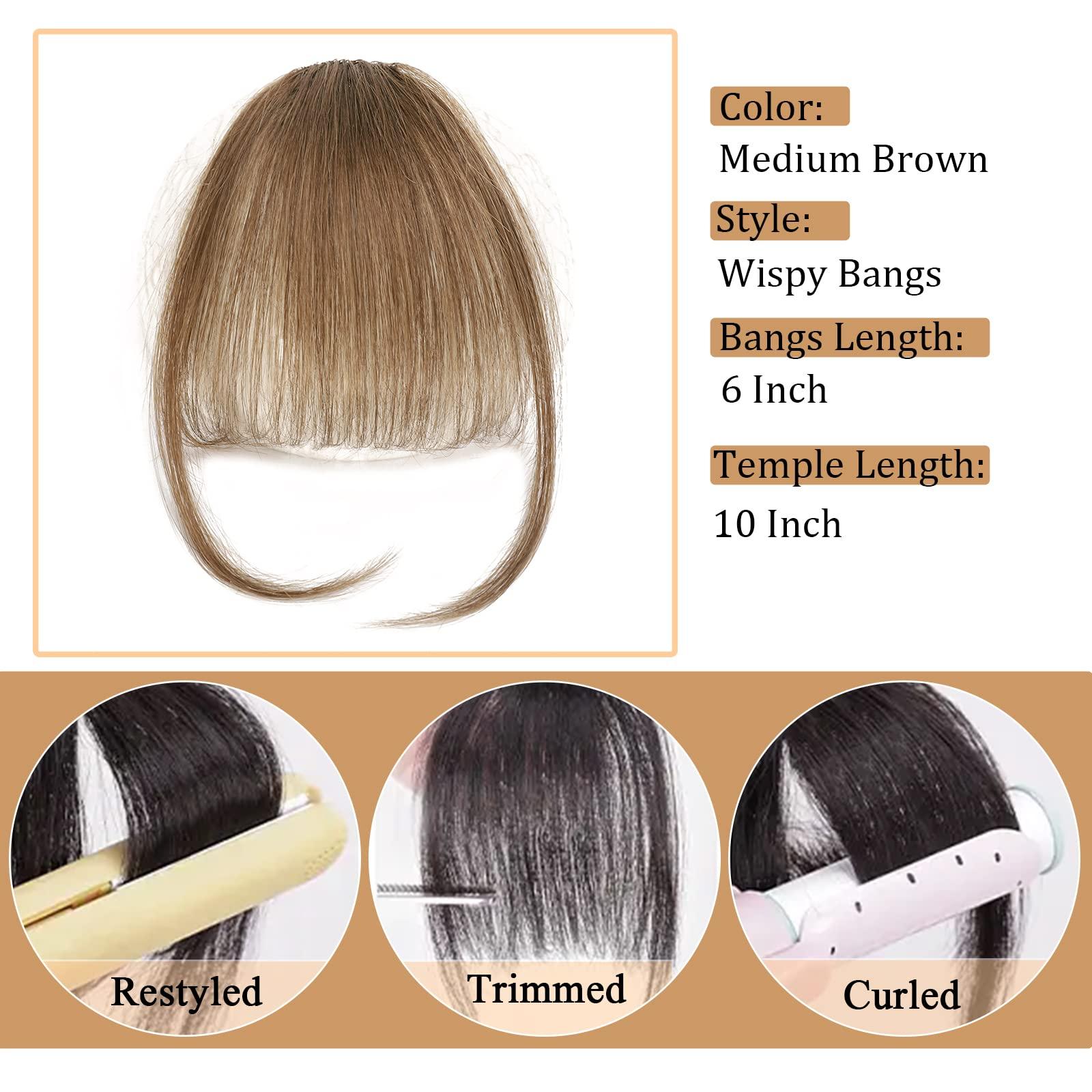 Berracy Berracy Bangs Hair Clip in Bangs 100% Real Human Hair Extensions Fake Thin French Bangs Fringe with Temples Curtain Flat Neat Front Thick Hairpieces for Women Kids Daily Wear Medium Brown