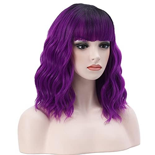 BERON BERON 14 Inches Black Purple Ombre Wig Short Curly Wig with Bangs Purple Wig Synthetic Wigs Women Girls Ombre Wig with Wig Cap