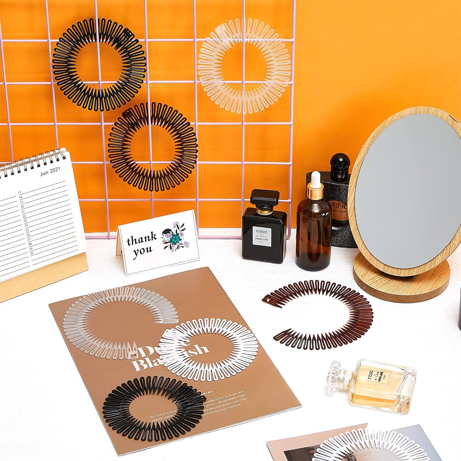 Potchen 20 Pcs Full Circular Stretch Comb Flexible Circle Comb Circular Plastic Headband with Teeth 90s Hair Accessories Hairband Holder for Women Girls Yoga Sports (Black, Coffee, Clear, White)