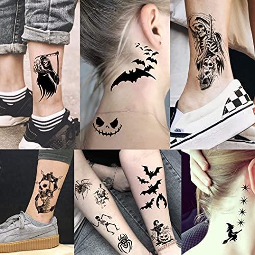 Shegazzi Shegazzi 52 Sheets Halloween Temporary Tattoos For Kids Boys Girls Women Men, 3D Scary Skull Skeleton Fake Tattoos Sticker For Adults, Small Ghost Vampire Bat Pumpkin Spider Temp Transfer Tatoos Devil