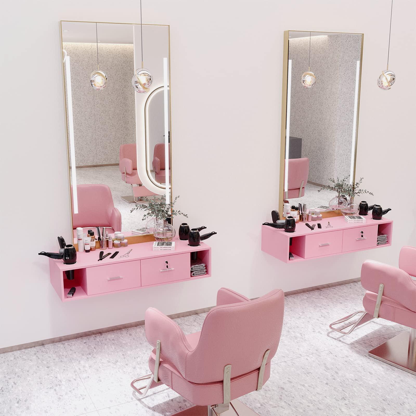 OmySalon OmySalon Locking Wall Mount Styling Station, Beauty Barber Spa Equipment, Salon Cabinet Station for Hair Stylist,Bathroom Dresser with 5 Hair Dryer Holders,Pink