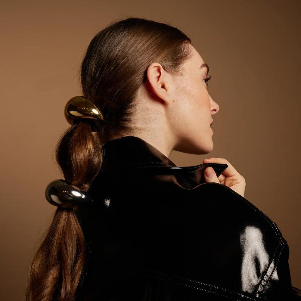 HONGJIANV Gold Hair Cuffs, Metal Hair Tie, Gold Ponytail Cuff, Gold Metal Geometric Elastic Hair Ties, Women\'S Glossy Double Arch Ponytail Hair Tie, Retro Temperament Headband (E)