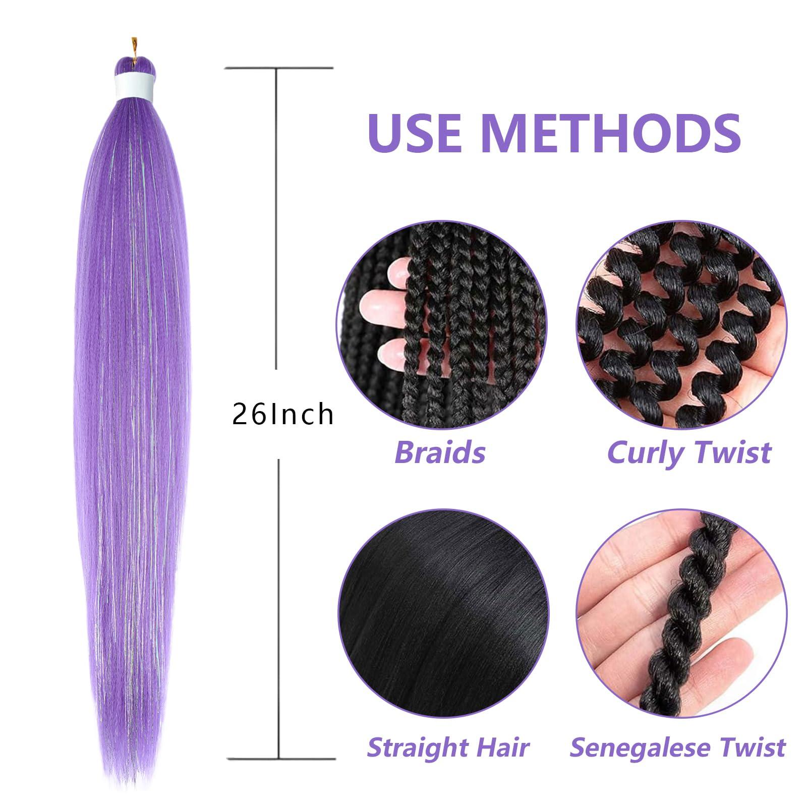 ROURUNFASI Purple with Tinsel Pre stretched Braiding Hair, 26 Inches Box Braiding Hair Extensions, 2 Packs Yaki Texture Synthetic Crochet Braids Hair